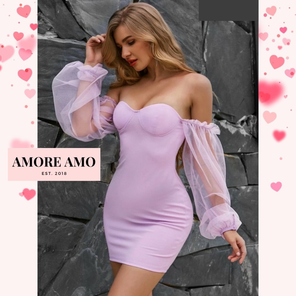 ❤️ Elisa ❤️ Dress - Off Shoulder Lavender Pink Mesh Ruffle Girly Bodycon Hug